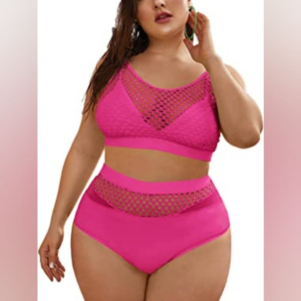 New Hot Pink Swimsuit Barbiecore Fishnet High Waist Bikini 575 Sexy Plus Size 3X